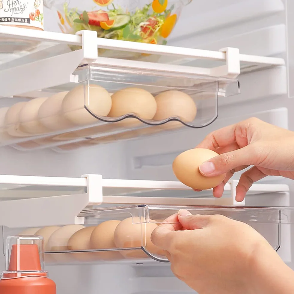 RANJIMA Organizador Frigorifico Transparente, Huevera para Refrigerador 21 Huevos, Bandeja para Huevos Transparente con Riel Deslizante Mango Cajón Porta Huevos para Cocina Frigorífico Panadería