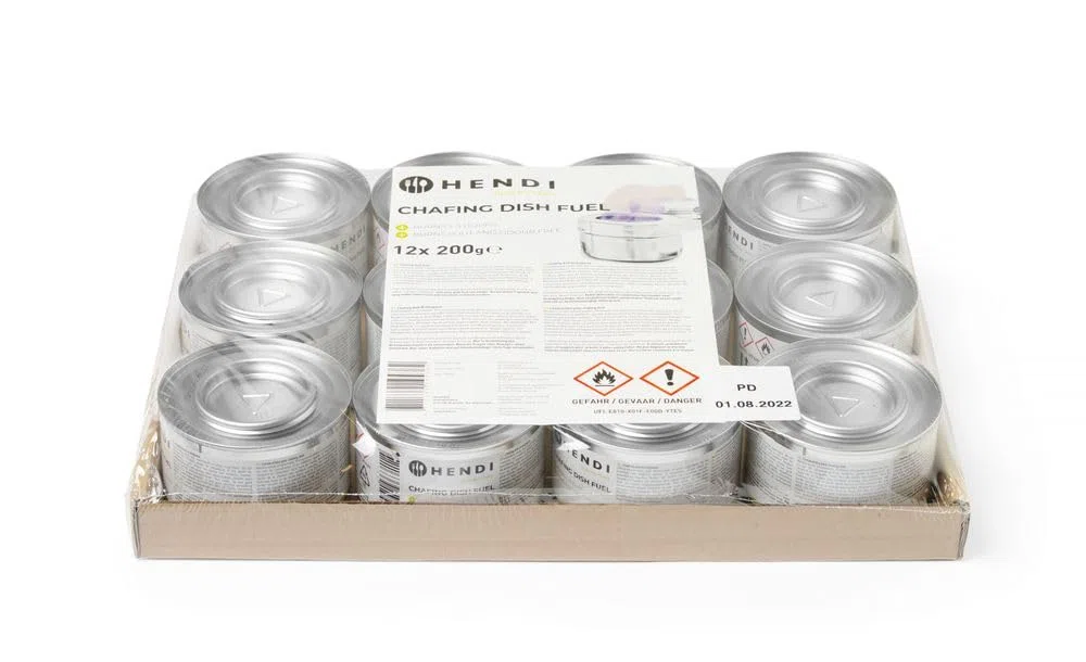 HENDI Pasta combustible para chafing dish, sin hollín y sin olor, combustión aprox. 3 horas, lote de 12 latas de 200 g