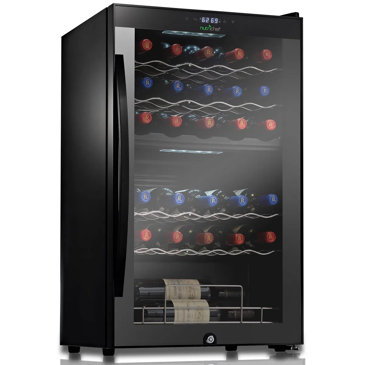 NutriChef PKCWCDS335 - Sistema de refrigeración para nevera, gran nevera para bodega de vino no empotrado para champaña rojo y blanco o espumoso, puerta de vidrio, 33 botellas, doble zona-negro