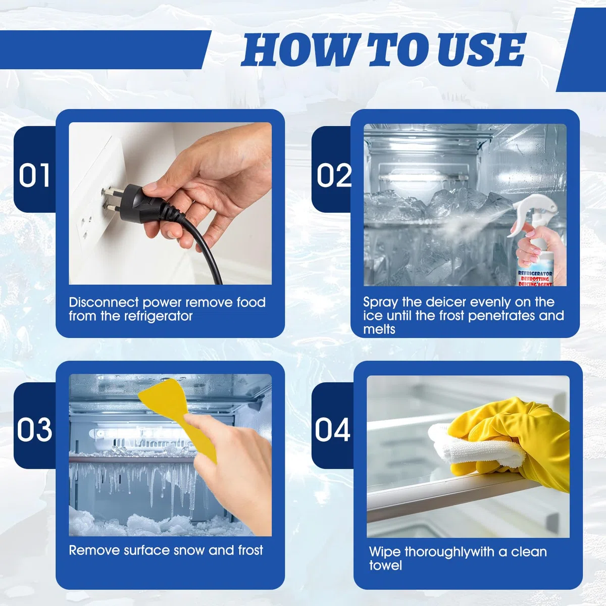 Spray Descongelador para Congelador para Refrigeradores 120ml*2, Spray Descongelador para Frigoríficos, Removedor de Capa de Hielo, Incluye una Rasqueta Especial y una Toalla Absorbente
