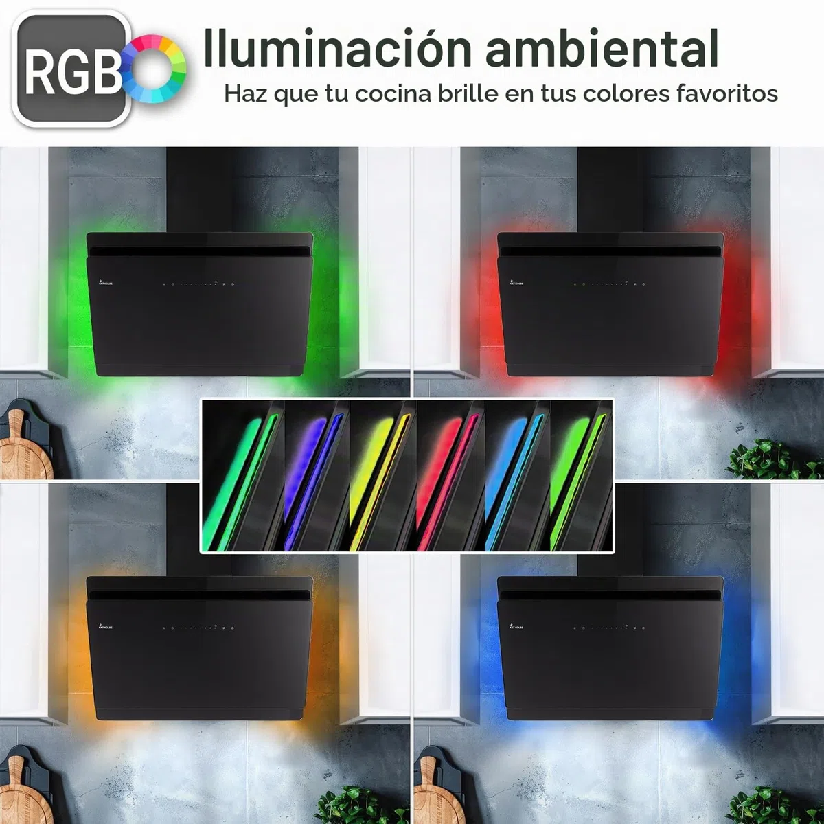 KKT KOLBE A+++ Campana extractora de 80 cm 782 cbm/h, recirculación, sin cabeza, campana de pared | cristal negro | automático | aplicación WiFi inteligente | SensorTouch | iluminación LED RGBW |