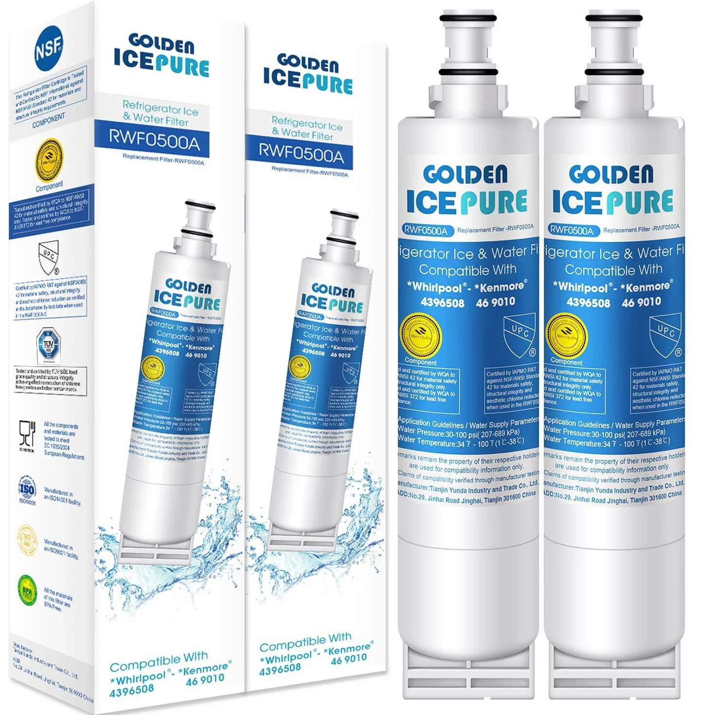 GOLDEN ICEPURE Filtro de agua para refrigerador Compatible Con Whirlpool 4396508, Maytag, KitchenAid, SBS002, S20BRS, 481281729632, 461950271171, 481281728986, 2 piezas (factura disponible),