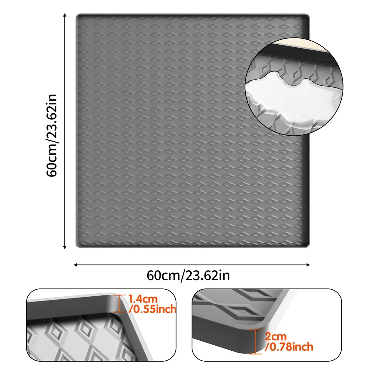 Alfombrilla de silicona para nevera con borde elevado, bandeja de goteo para frigorífico, lavadora, armario de vino, 60 x 60 cm (gris)