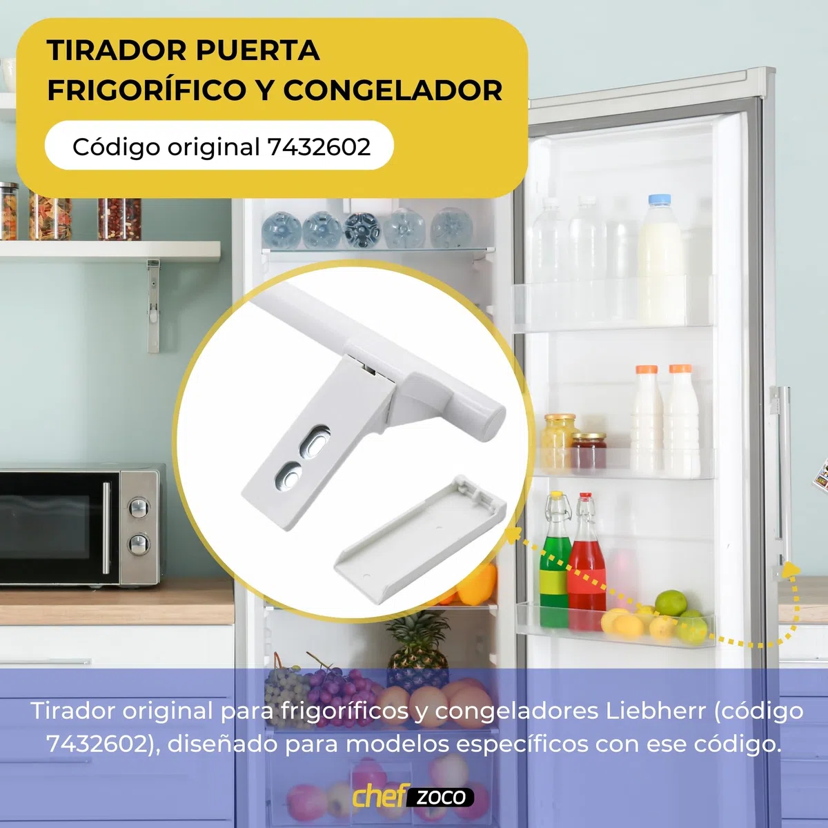 CHEFZOCO Tirador Puerta frigorífico y congelador, Mango frigorífico Liebher-r, Asa Nevera, Código original 7432602, Distancia entre tornillos de 24.5 cm, Longitud del tirador de 31 cm, Blanco