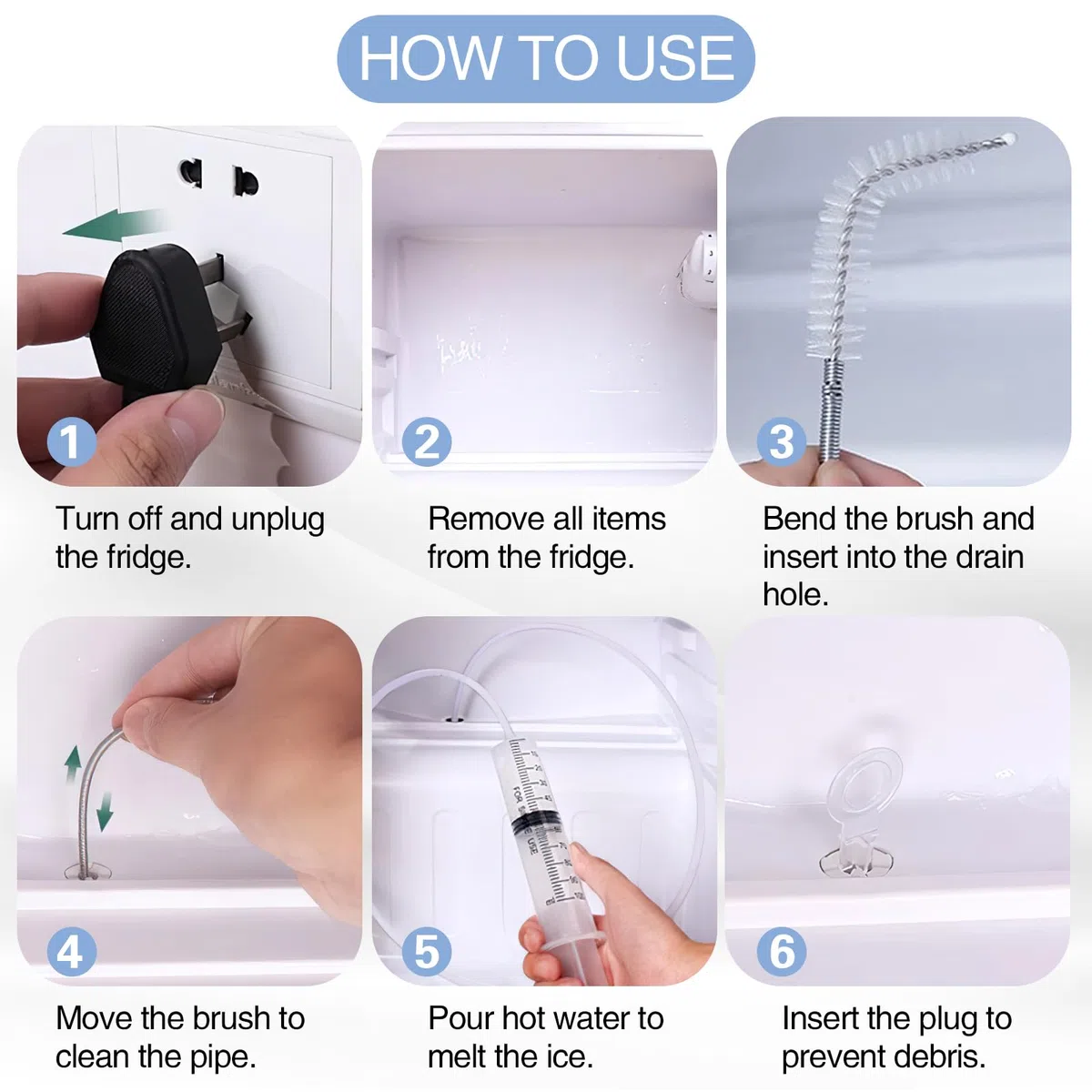 12 Piezas Kit de Limpieza de Refrigerador, Herramientas de Limpieza Frigorífico con Jeringa, Cepillo Limpieza, Manguera, Pala de Descongelación, 4 Tapones para Orificios de Drenaje de Nevera