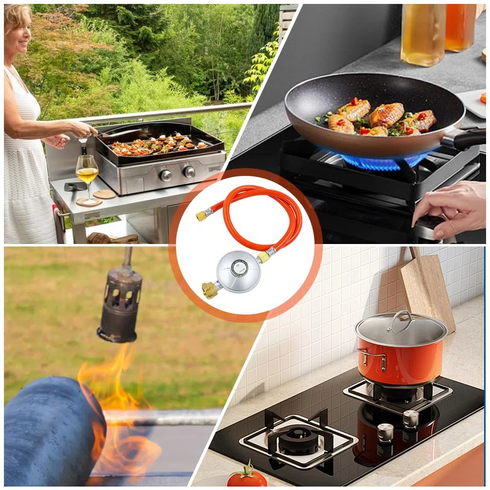 Regulador de presión de Gas 50 mbar, regulador Ajustable de Botella de propano con Manguera de Gas de 150 cm y Rosca Universal giratoria de 1/4 Pulgada