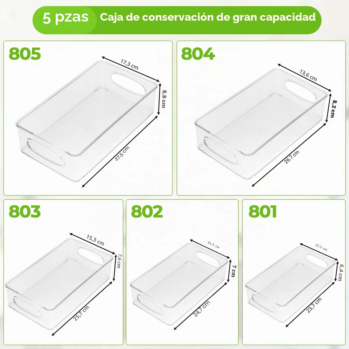 5 Pcs Organizadores Nevera, Organizador Frigorifico, Cajas de Almacenamiento de Cocina Apilables, Contenedores Organizador de Nevera de Despensa para Cocina Baño, 5 tamaños