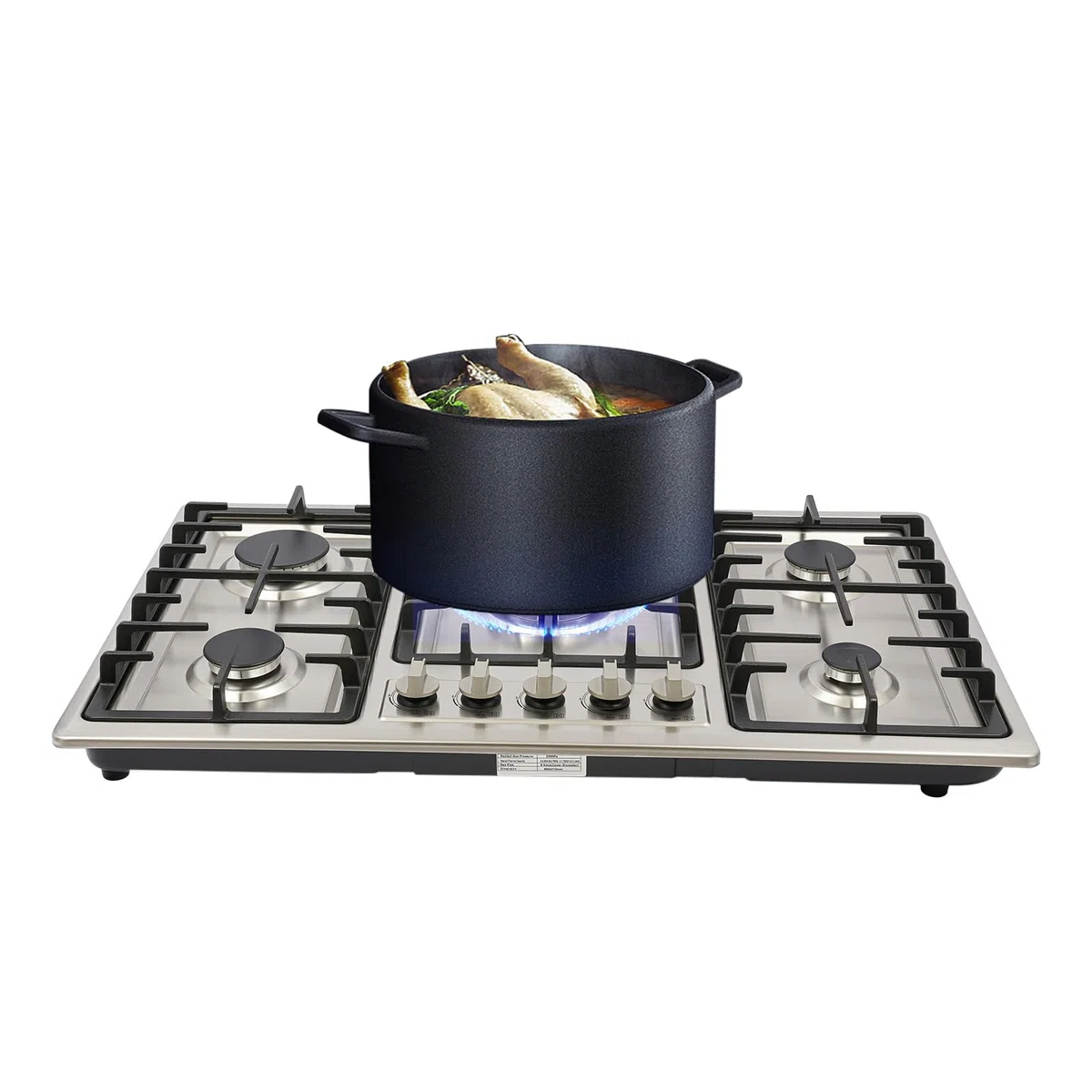 Cocina de gas de 5 fuegos, acero inoxidable con protección automática de llama, gas natural y gas propano, 86 cm empotrable o independiente, 10550 W