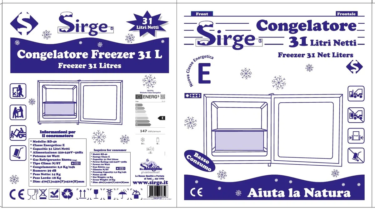 Sirge Freezer - Mini nevera de bar de 31 litros, compacta, clase energética E (ex A++), función frigorífico