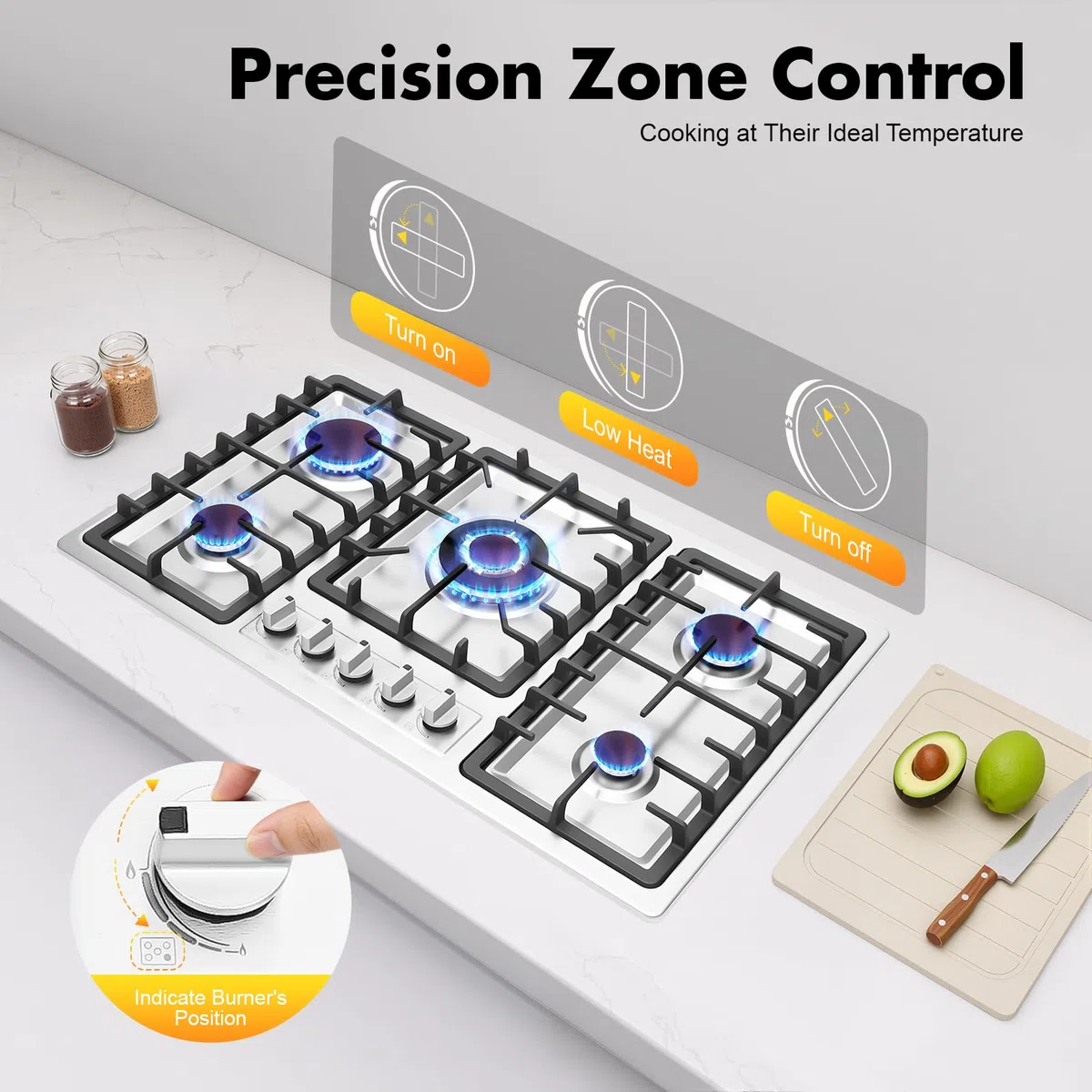 Cocina de gas de 5 fuegos, acero inoxidable con protección automática de llama, gas natural y gas propano, 86 cm empotrable o independiente, 10550 W
