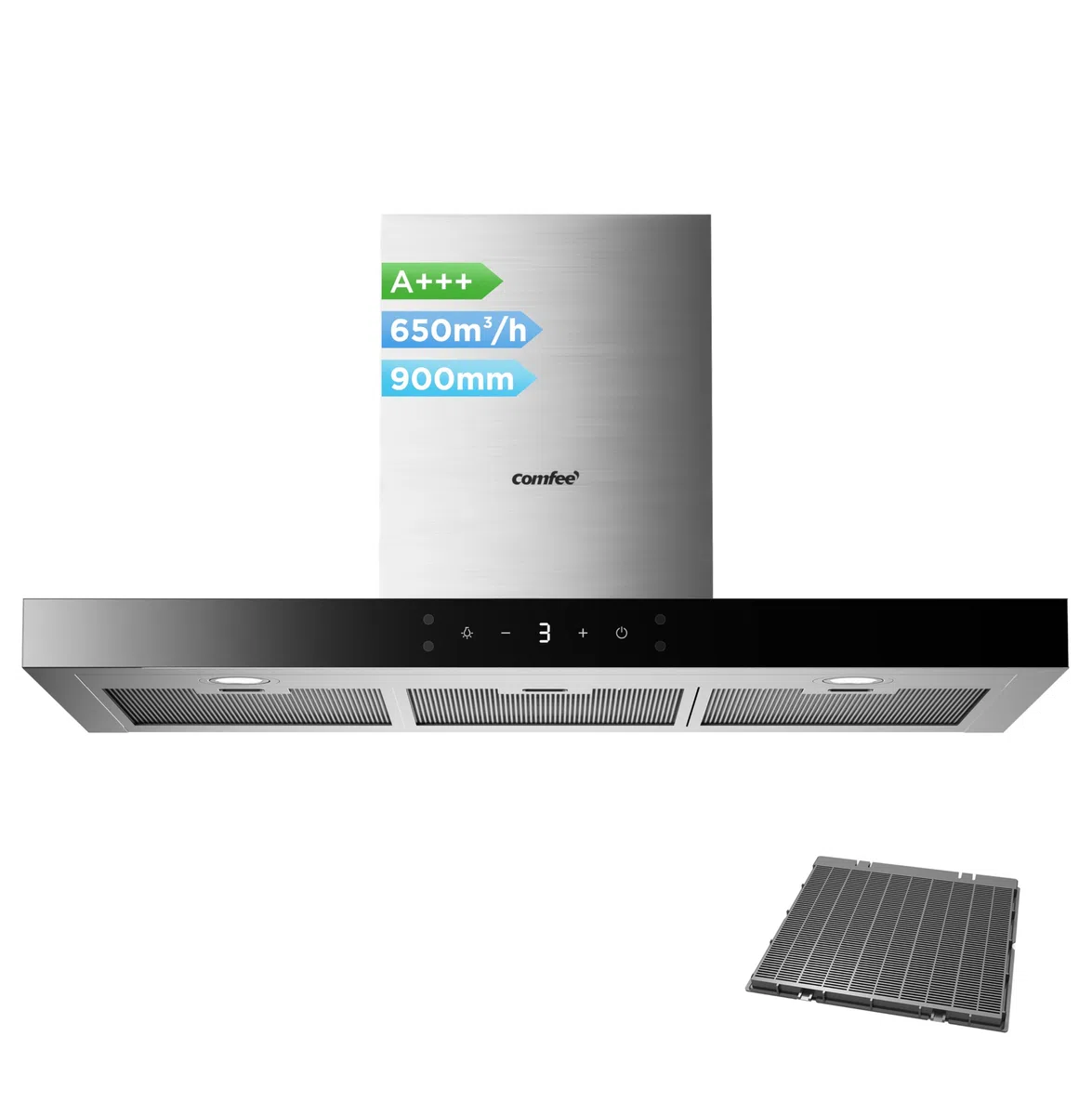 COMFEE' Campana extractora 90 cm Clase A+++ TSHM77SS-90 650 m³/h acero inoxidable campana de cocina con LED, sistema de recirculación y canalización y filtros de carbón