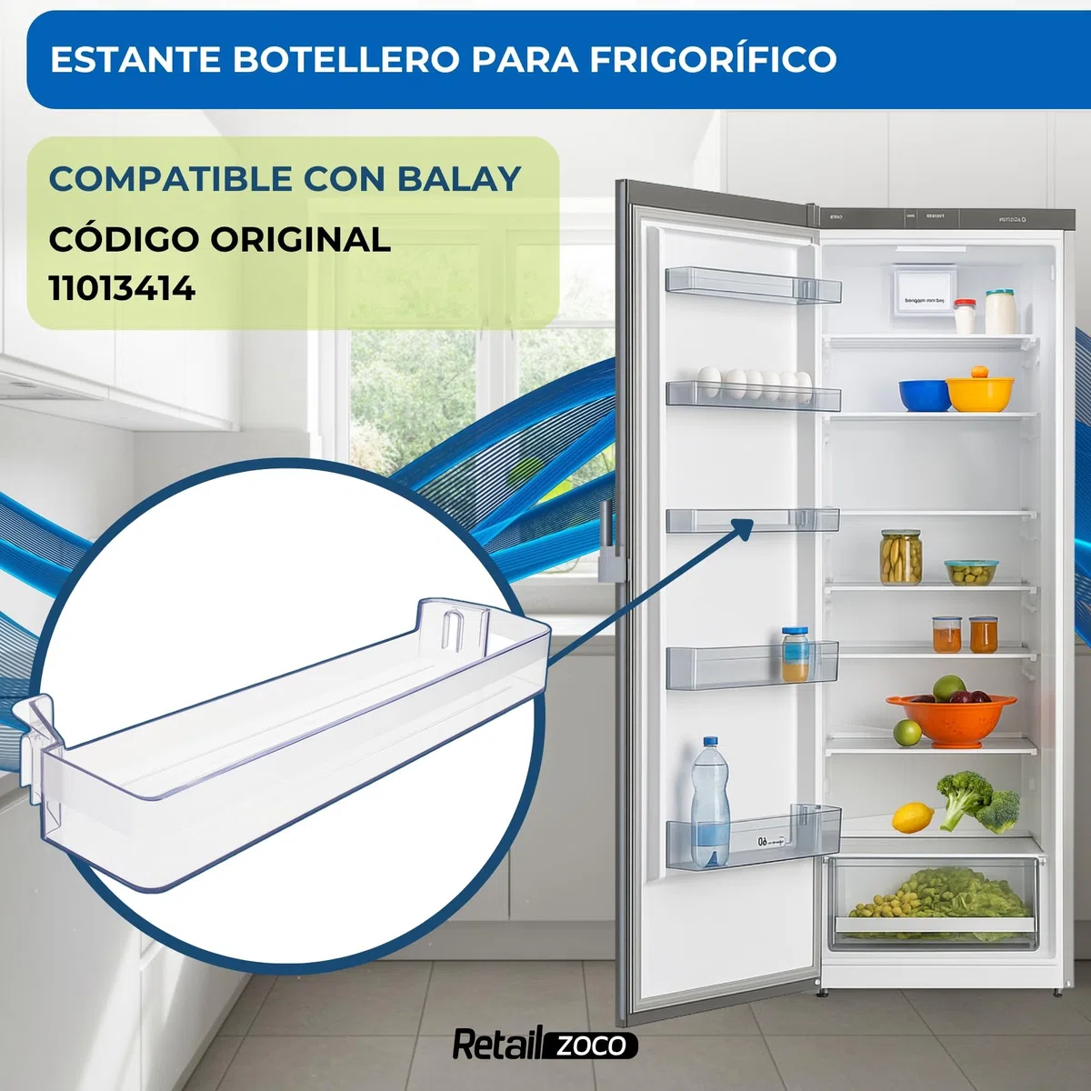 Estante Botellero Frigorífico compatible con Balay, Botellero superior para la nevera, código original 11013414, compatible con 3FCE563ME, 3FCE642ME, 3KF6510WI, entre otros