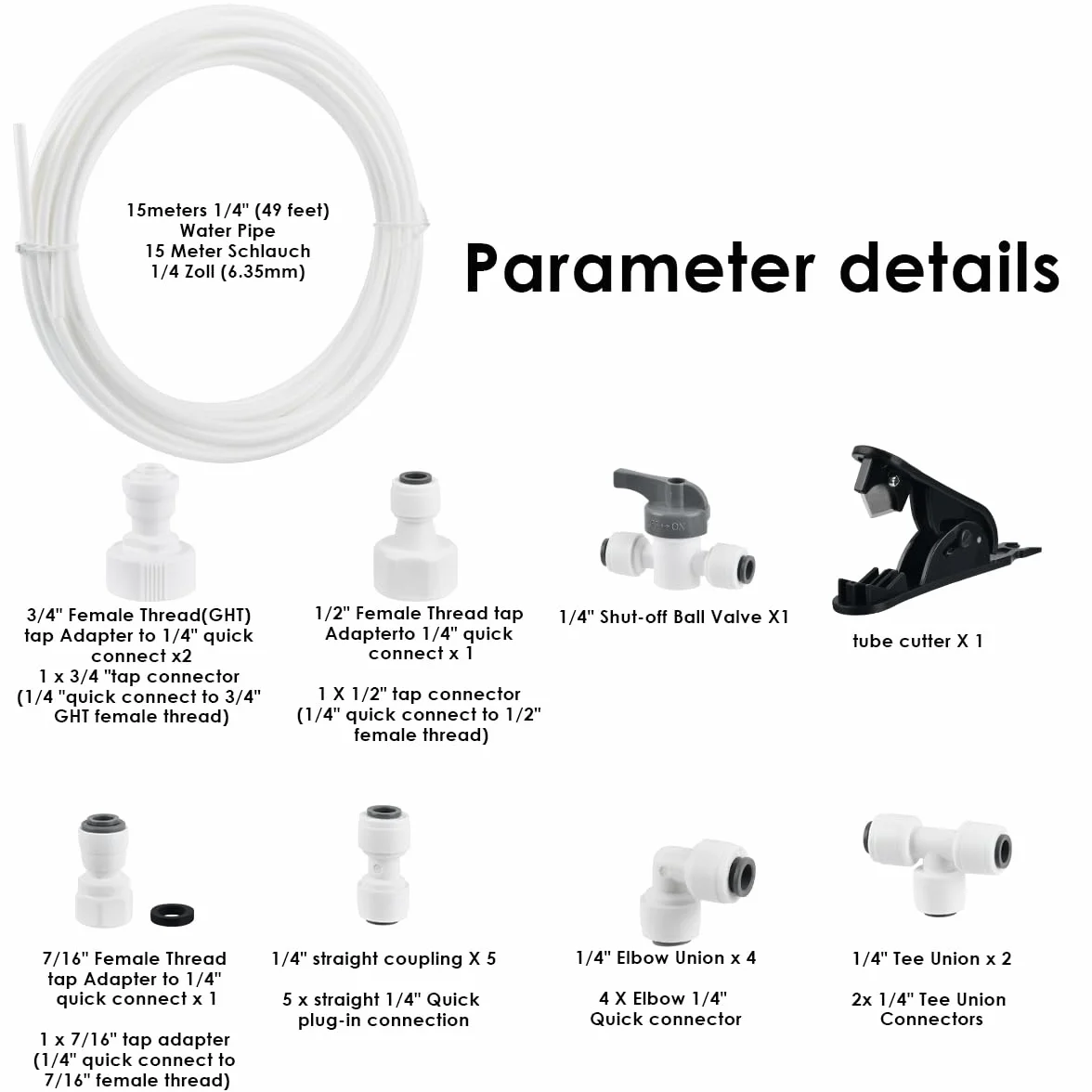 Tubo de suministro de agua de 15 m y kit de conectores de nevera, conector de tubería de agua para nevera, para refrigerador doble de estilo europeo (tubo de 1/4 pulgadas)