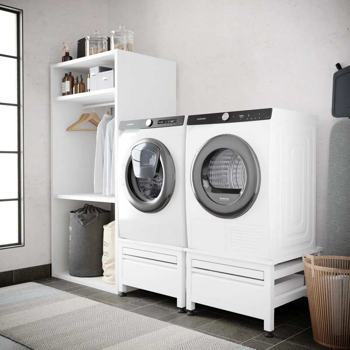 Soporte doble para lavadora con cajón y estante, armario para lavadora, pedestal para lavadora, blanco, universal, 65 x 60,5 cm (largo x ancho), incluye fijaciones de pared