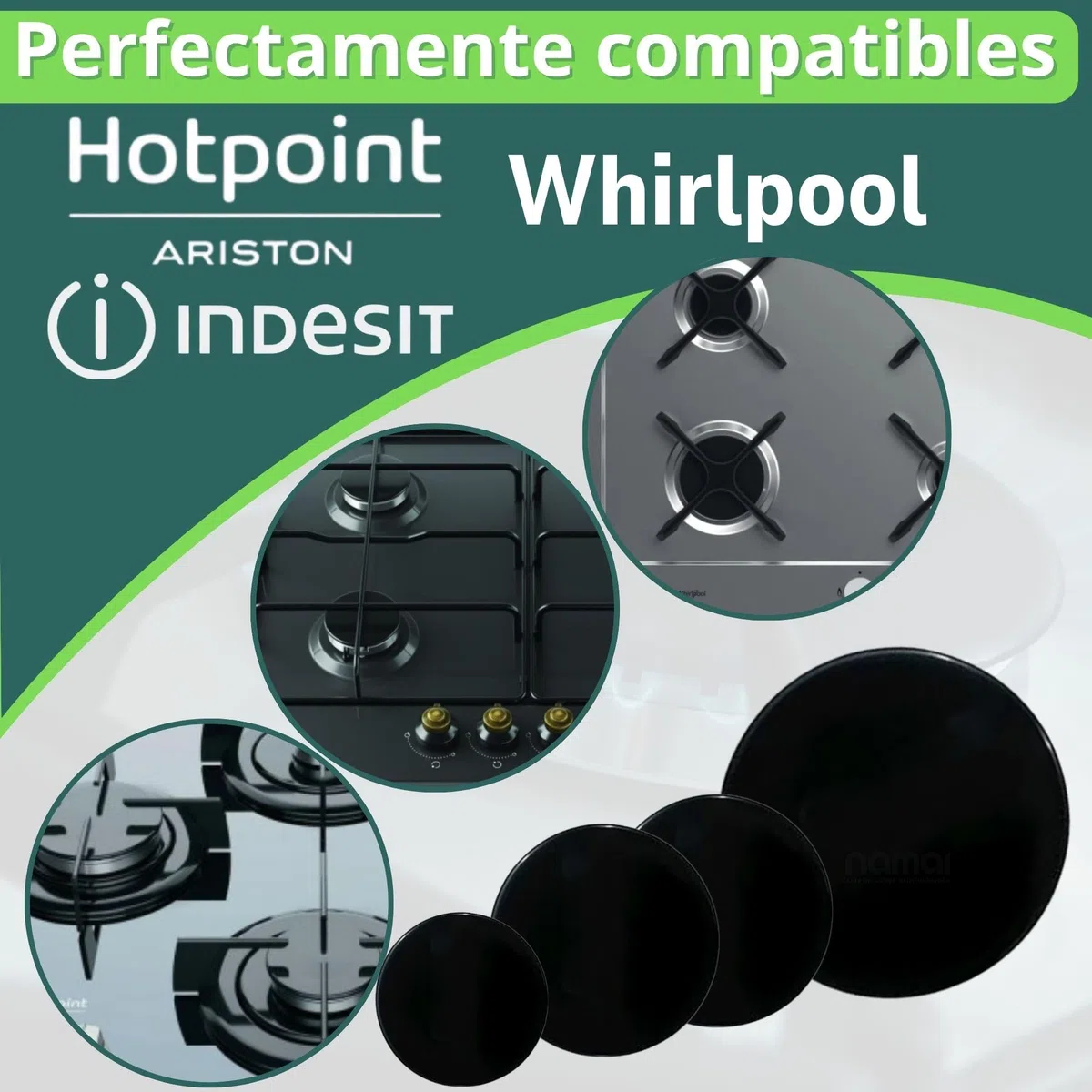 NAMAI - Juego de 5 Tapa Cocina Gas Para Quemador de Gas, 4 Tapa Lisas + 1 Placa de Triple Corona, Compatibilidad Universal, Recambios Para Cocina de Gas, Fáciles de Instalar