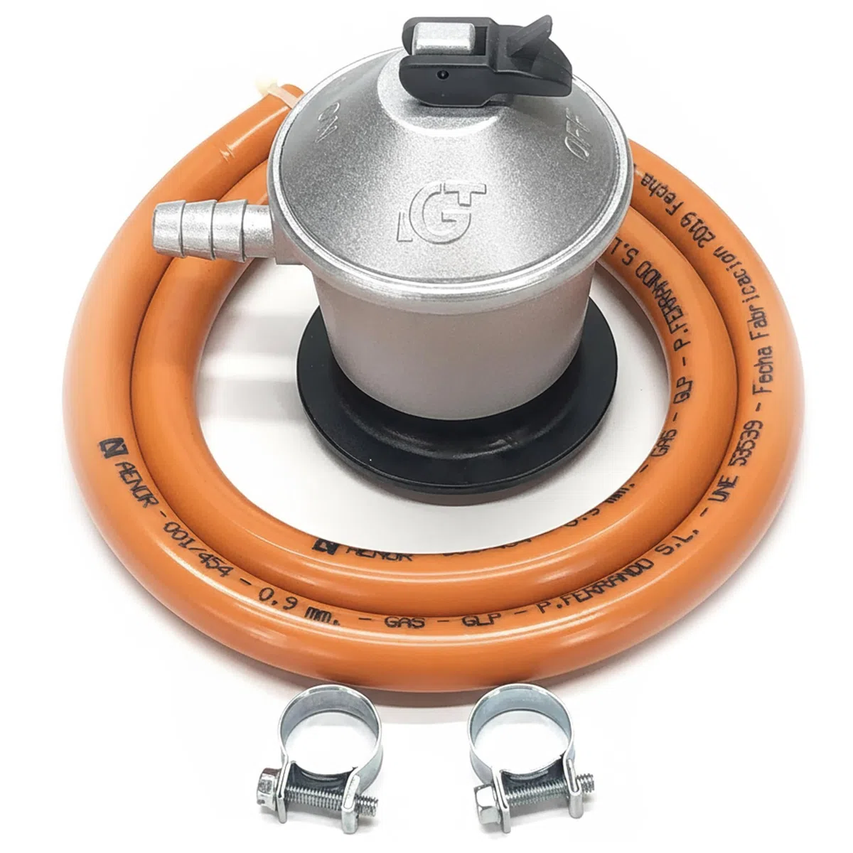 REPORSHOP Kit Regulador Gas Butano Homologado con Seguridad para Cocina - Regulador de Gas Butano con Manguera Butano 1,5 m Fácil Instalación - Goma Gas Butano con Abrazaderas para Propano