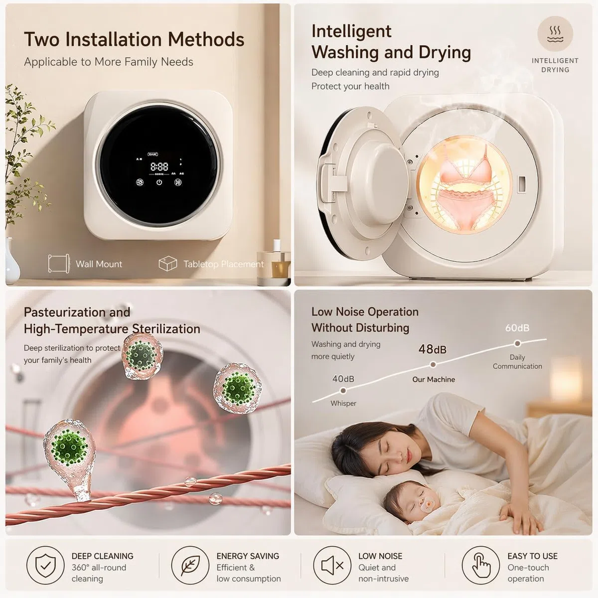 Lavadora de pared de carga frontal, 3 kg, totalmente automática con control táctil, 4 programas de lavado, diseño compacto para espacios pequeños y hogares limitados