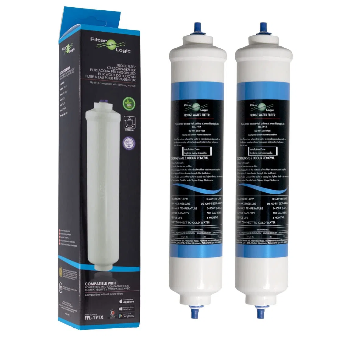 FilterLogic FFL-191X | 2x Filtro de agua externo compatible con Samsung, LG con DA29-10105J, HAFEX/EXP, HAFEX, 5231JA2010B, FSS-002, ADQ73693903, ADQ736939 Cartucho para Frigorífico americano