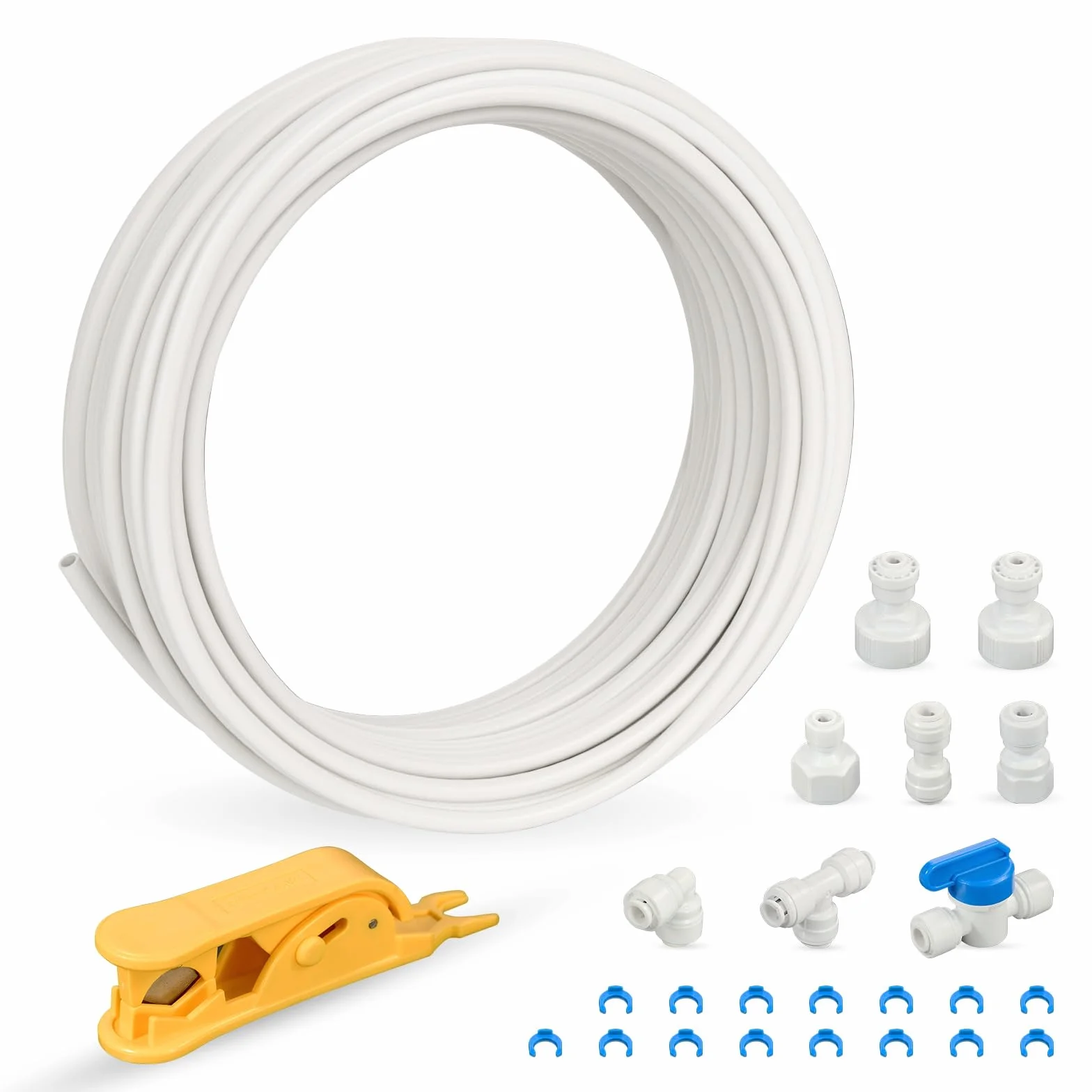 iSpring ICEK-E 15m 1/4" Kit de Línea de Agua para Fabricador de Hielo y Refrigerador, Tubo de Suministro de Agua con T-Piece, Válvula de Corte, Cortador de Tubos y Conectores Múltiples