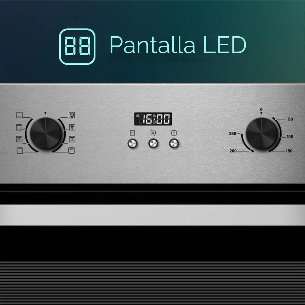 Svan Horno Multifunción con Ventilador Inox SHM8700DPX. Capacidad 70 Litros, 3000 W, 8 Programas, Interior Esmaltado, Fácil Limpieza, Display LED Manual, Eficiencia Energética Clase A