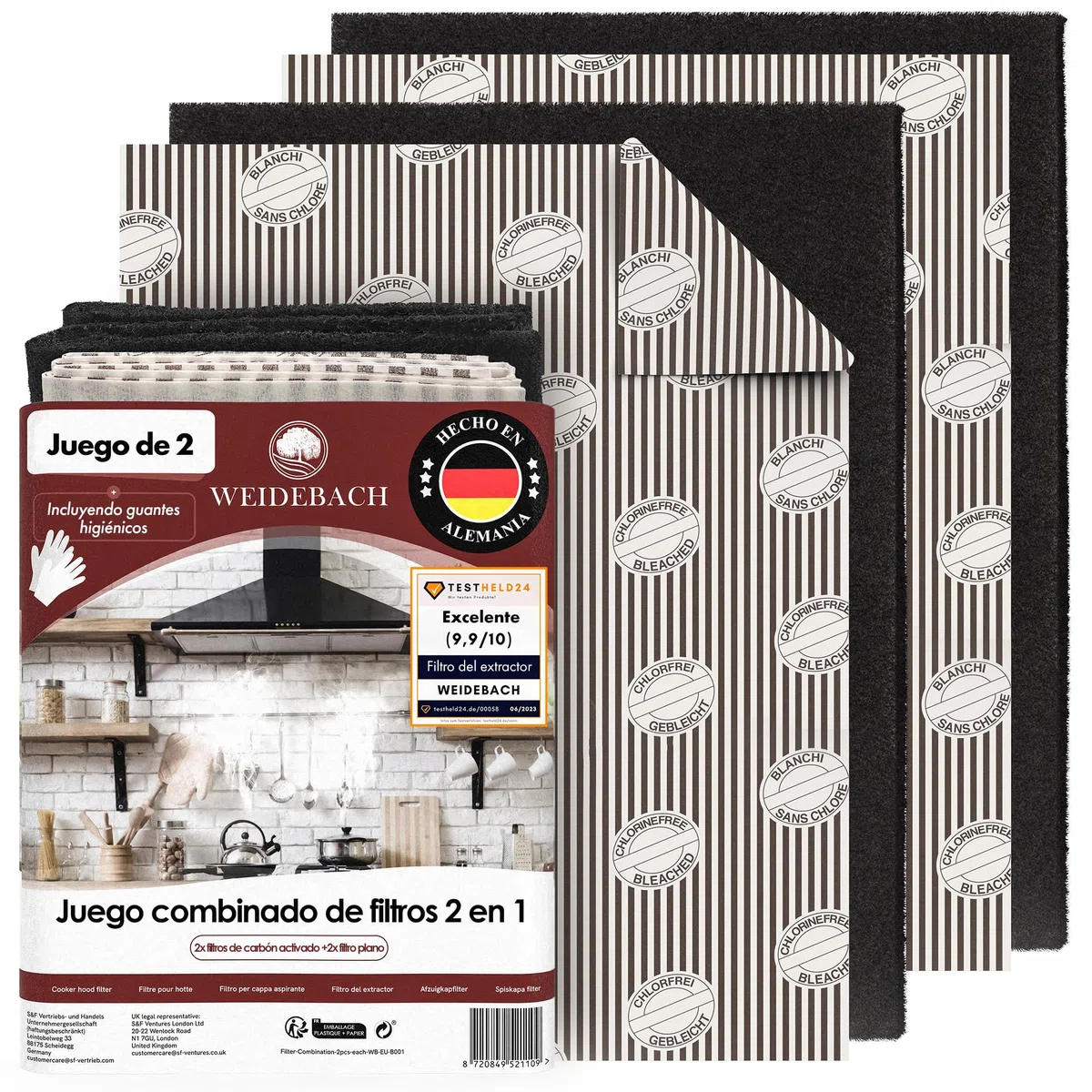 WEIDEBACH® 2x Juego de filtros 2 en 1 para campanas extractoras con CARBÓN ACTIVO y FILTRO DE GRASA, 57x47 cm [recortables] – solo 1,2 cm de grosor –, filtros para campanas extractoras, filtro