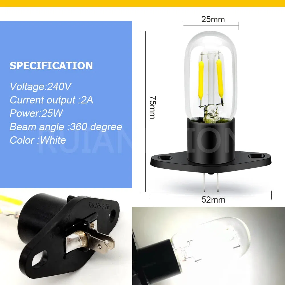 Ruiandsion Z187 - Bombilla para microondas T170, base de terminales rectos, 240 V, 2 A, 25 W, bombilla LED para microondas universal, color blanco