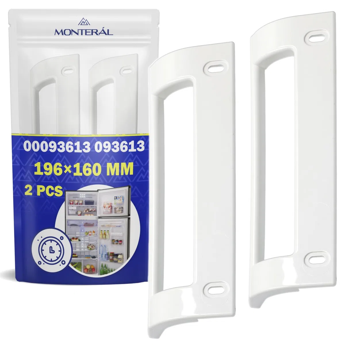 MONTERAL 2 Piezas Tiradores para Frigorificos y Congelador Orificios para Montaje 160 mm Tamaño 196 x 72 mm con Código Original 00093613 093613 para Bosch para Siemens - Garantía de 10 Años