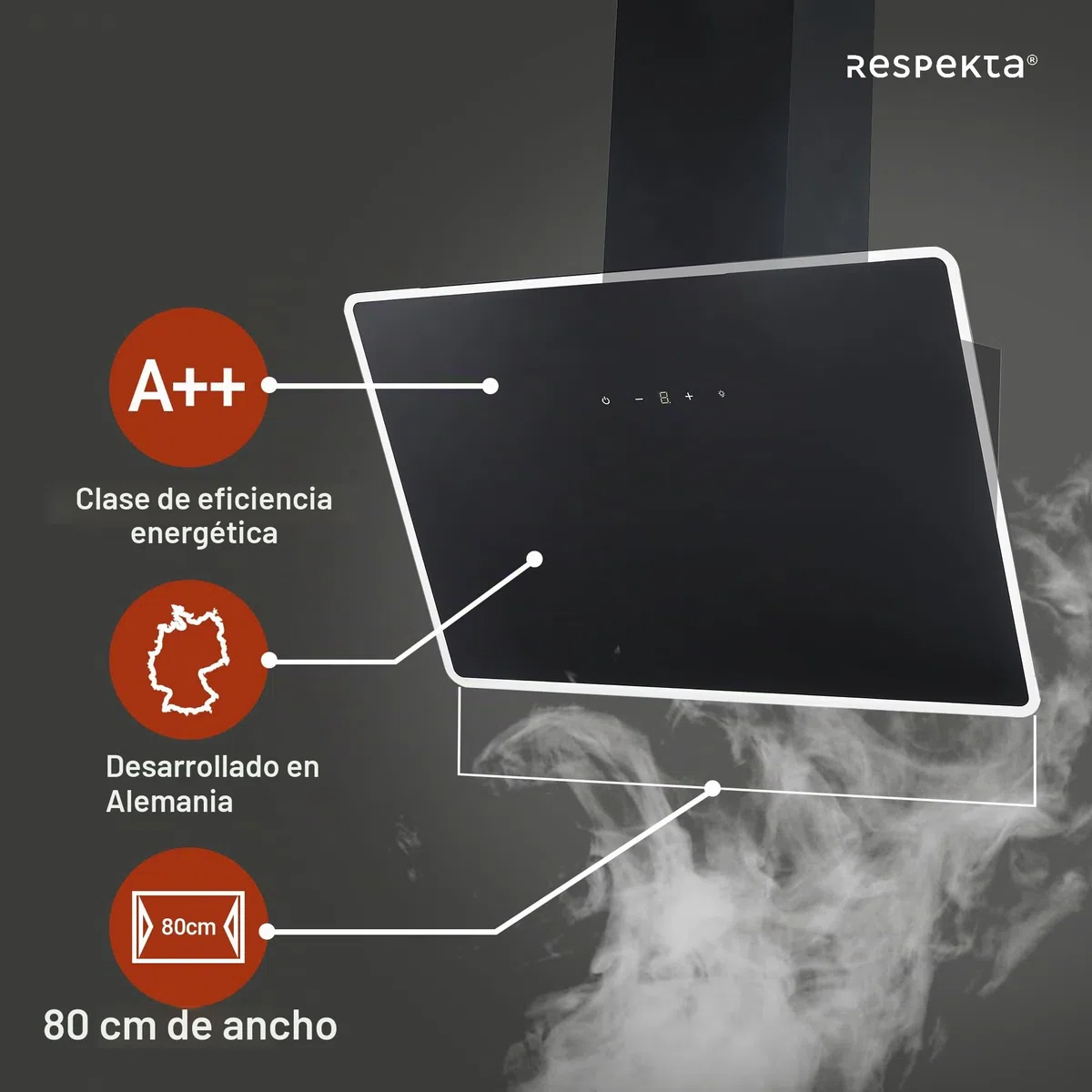 Respekta campana extractora cabeza libre, campana extractora inclinada 80 cm, pantalla de vidrio, acero inoxidable en negro, función de extracción y recirculación de aire, CH112080S, A++, 39-61 dB