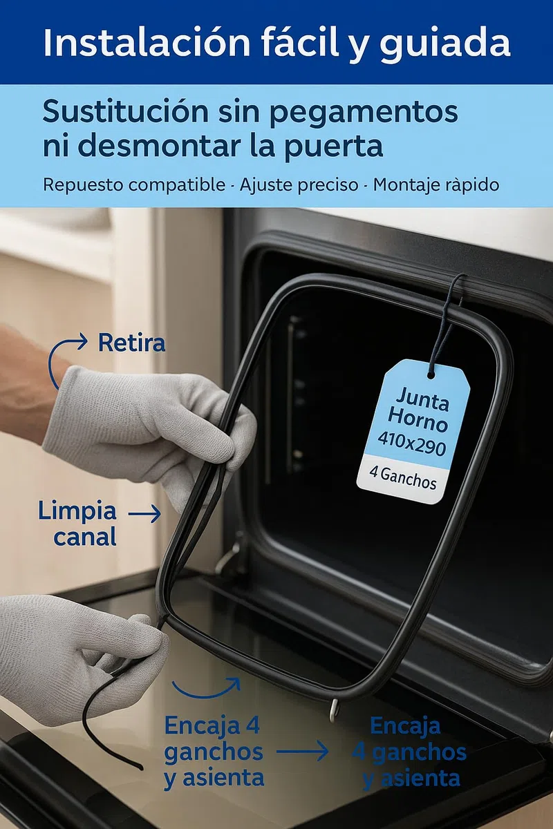 RECAMBIOS DREYMA Junta Puerta Horno Universal 410x290mm 4 Ganchos CO 83130601 Compatible con Teka HC510 HC521 HC605 HC615 HS510 Goma Resistente Alta Temperatura Fácil Sustitución