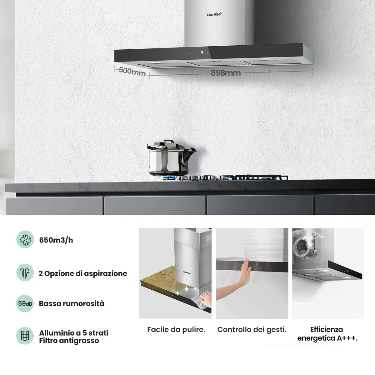 COMFEE' Campana extractora 90 cm Clase A+++ TSHM77SS-90 650 m³/h acero inoxidable campana de cocina con LED, sistema de recirculación y canalización y filtros de carbón