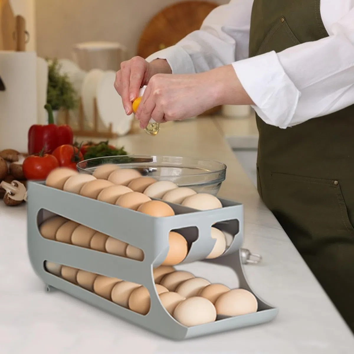 Contenedor de huevos para refrigerador,Dispensador automático de huevos con ruedas,Dispensador de huevos para frigorífico de 3 niveles y doble - Distribuidor de huevos que ahorra espacio para apartame