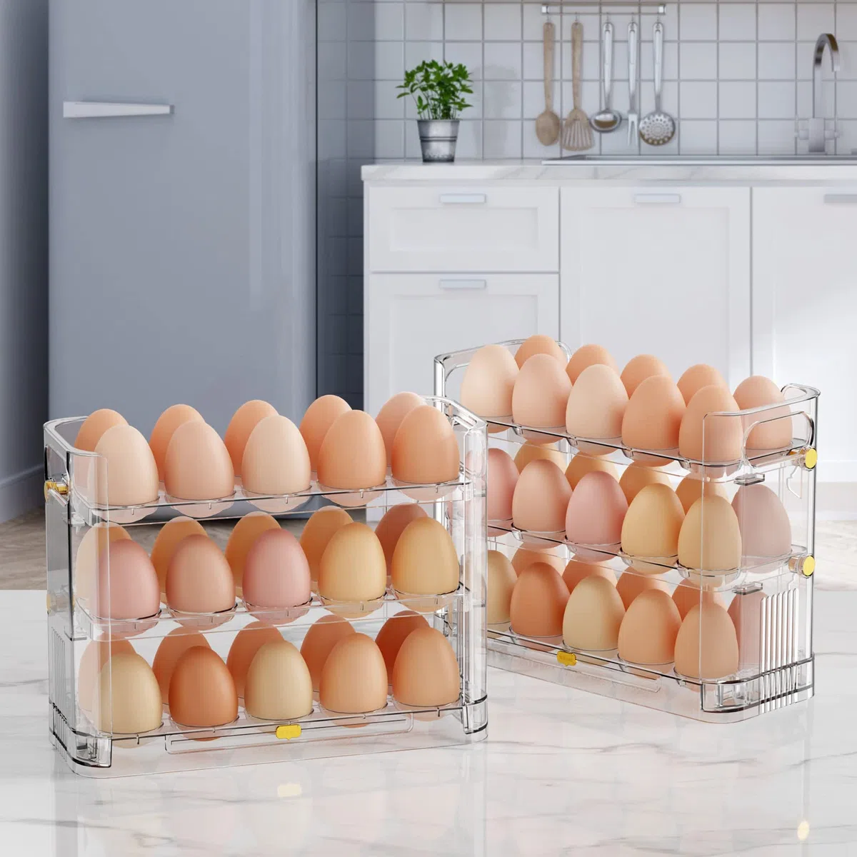 Soporte reversible para huevos para refrigerador, soporte transparente para 30 huevos para nevera, almacenamiento de huevos y bandeja de huevos (transparente)