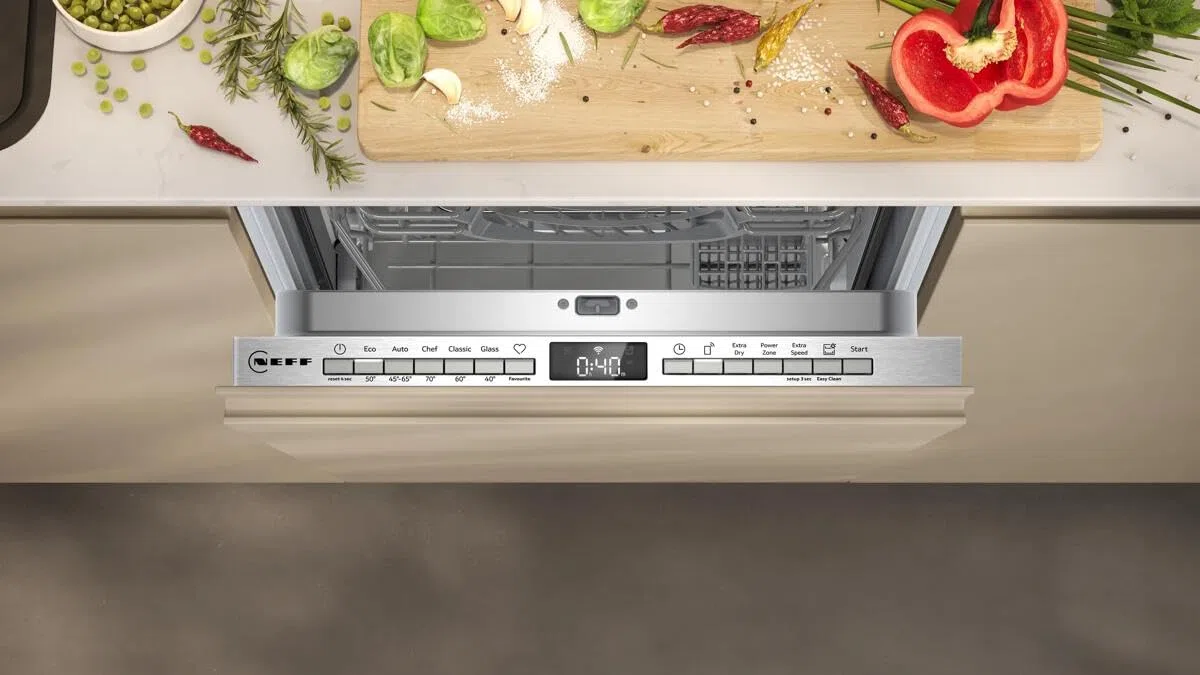 NEFF S855EKX33E, N 50, lavavajillas inteligente totalmente integrado, 45 cm, cajón para cubiertos, sistema de cesta Flex I, programa favorito, fuerte rendimiento de limpieza, apertura automática de
