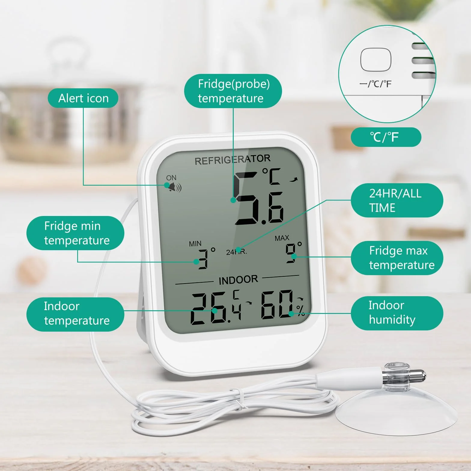 ORIA Termómetro Digital para Refrigerador, Termómetro para Congelador con Sonda Impermeable, Pantalla LCD, Alarma de Temperatura, Valor Mínimo/Máx para Refrigerador, Congelador y Acuario