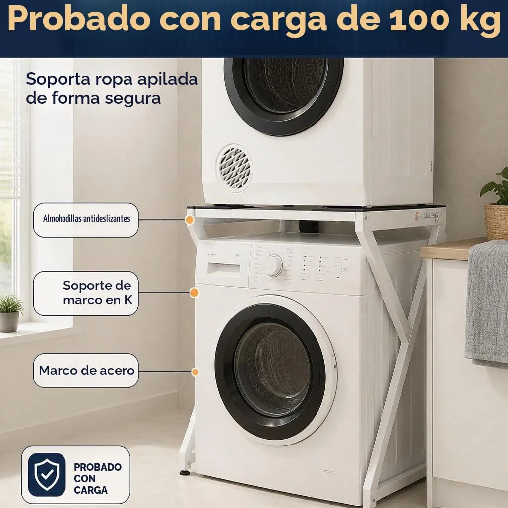 Maxi – Kit apilable universal para lavadora y secadora | Estructura ajustable (72–82 cm), Capacidad 100 kg | Sin taladros, Antivibración, Ahorro de espacio