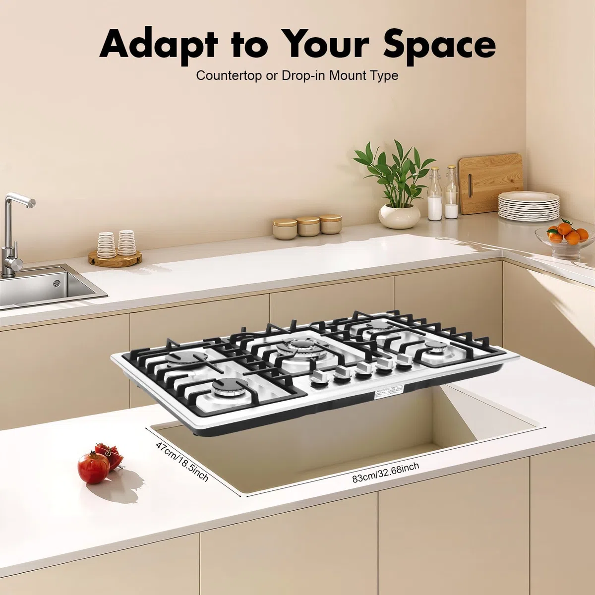 Cocina de gas de 5 fuegos, acero inoxidable con protección automática de llama, gas natural y gas propano, 86 cm empotrable o independiente, 10550 W