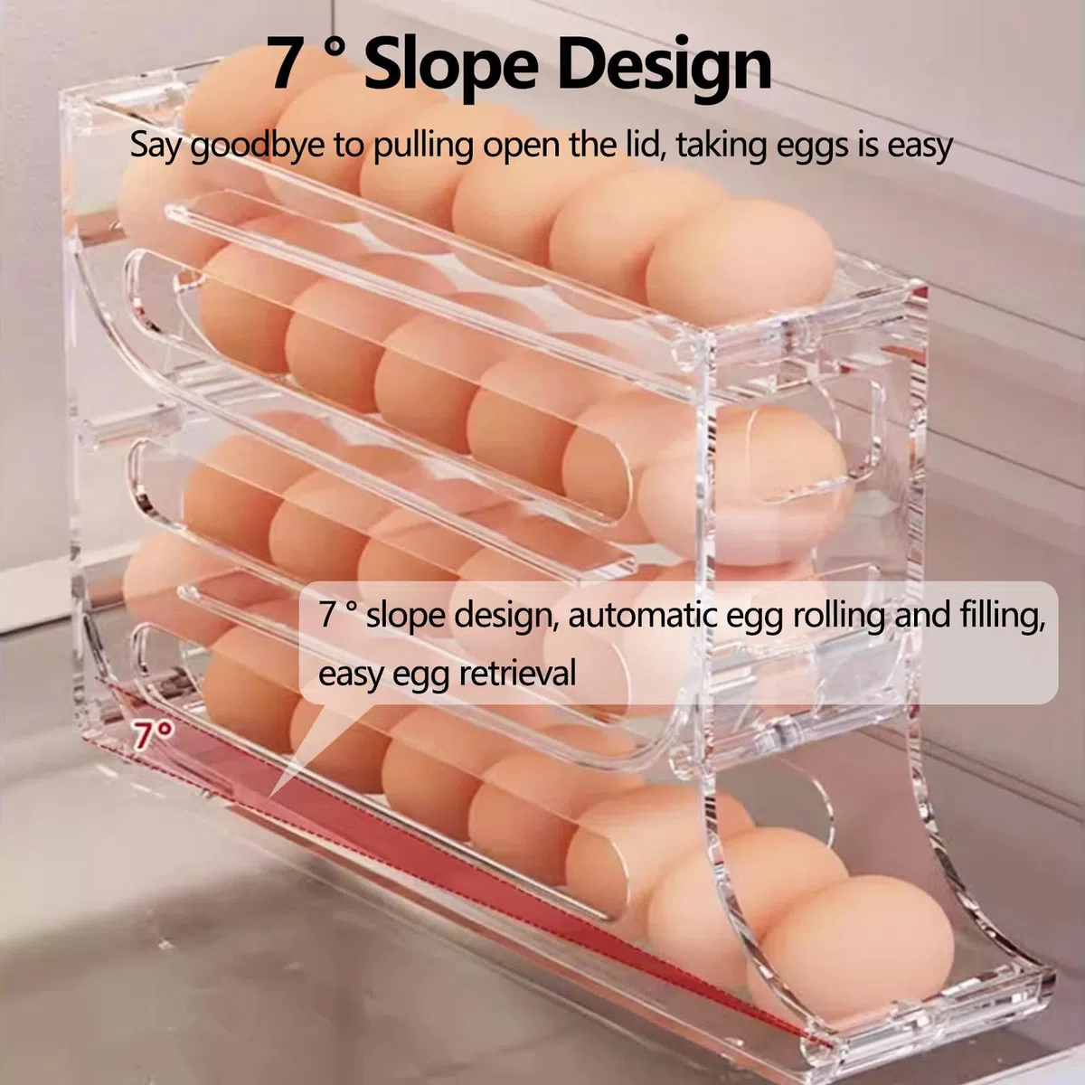 Huevera Nevera Automática para 30 Huevos - Organizador de Huevos con Dispensador 4 Niveles - Compacto para Frigorífico o Encimera - Material PP Transparente