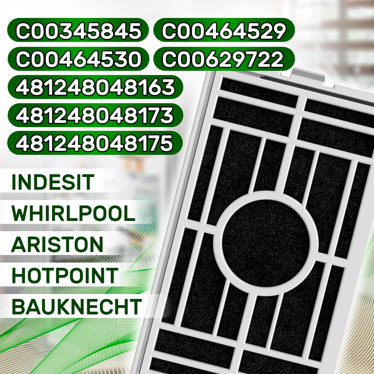 Filtro Antibacteriano para Frigorífico con Código Original C00345845 C00464529 C00464530 481248048163 481248048173 para Indesit para Whirlpool - MADE IN ITALY - Garantía de 5 Años - ONIX TECH