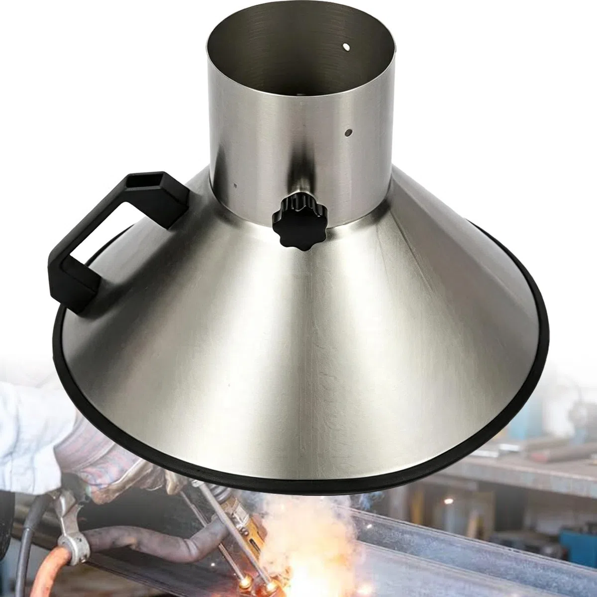 Campana de humo de soldadura, extractor de polvo de humo de acero inoxidable con entrada de 104 mm y parte inferior de 300 mm para una filtración eficiente del aire y seguridad en espacios de trabajo