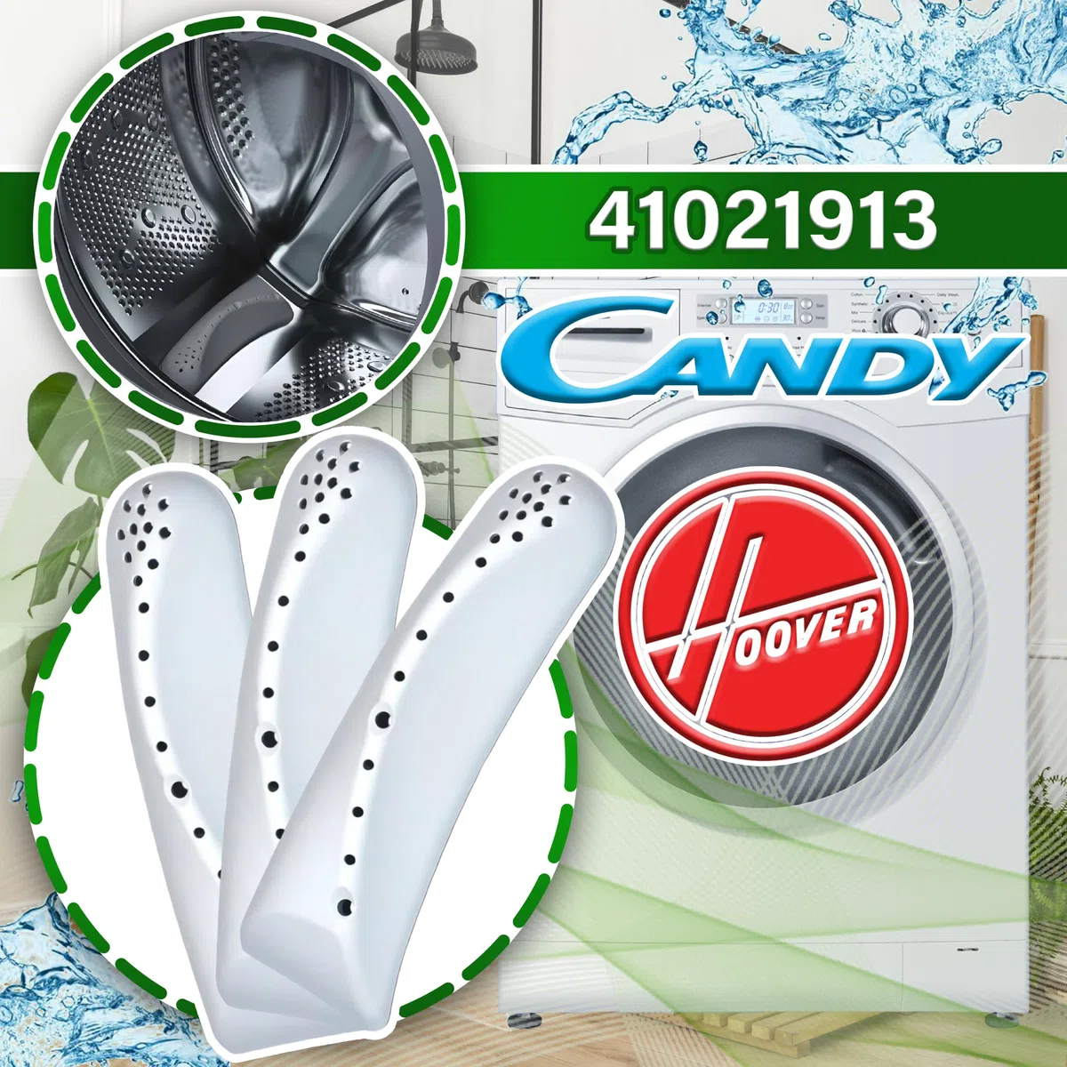 3 Piezas Aleta de Tambor de Lavadora 180x53 mm con Código Original 41021913 para Candy para Hoover - Garantía de 5 Años - ONIX TECH