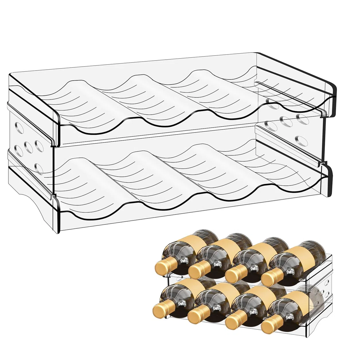 Botellero organizador de botellas para frigorífico: Botellero apilable Botellero, Soporte transparente para botellas de agua, refrigerador, botellero, estante para latas para encimera de cocina