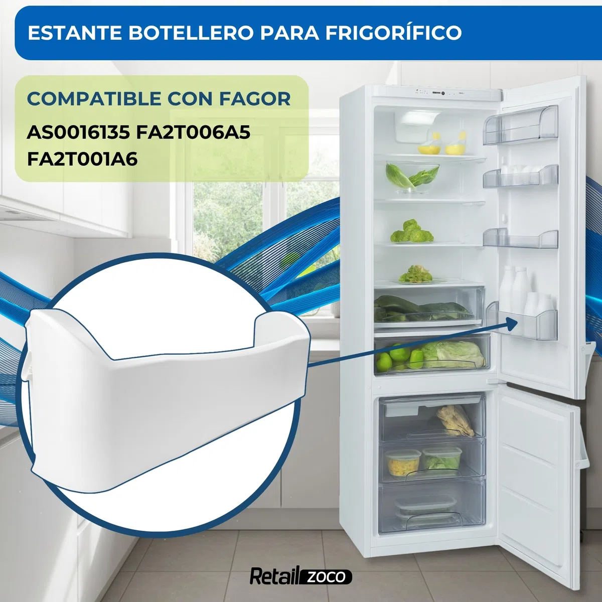 Estante Botellero Frigorífico compatible con Fagor, Botellero inferior para la nevera, código original AS0016135 FA2T006A5 FA2T001A6, compatible con 2FC-48EV, 3FC-41PEV, FC18NFA, FC-67NFX, FC67NFX