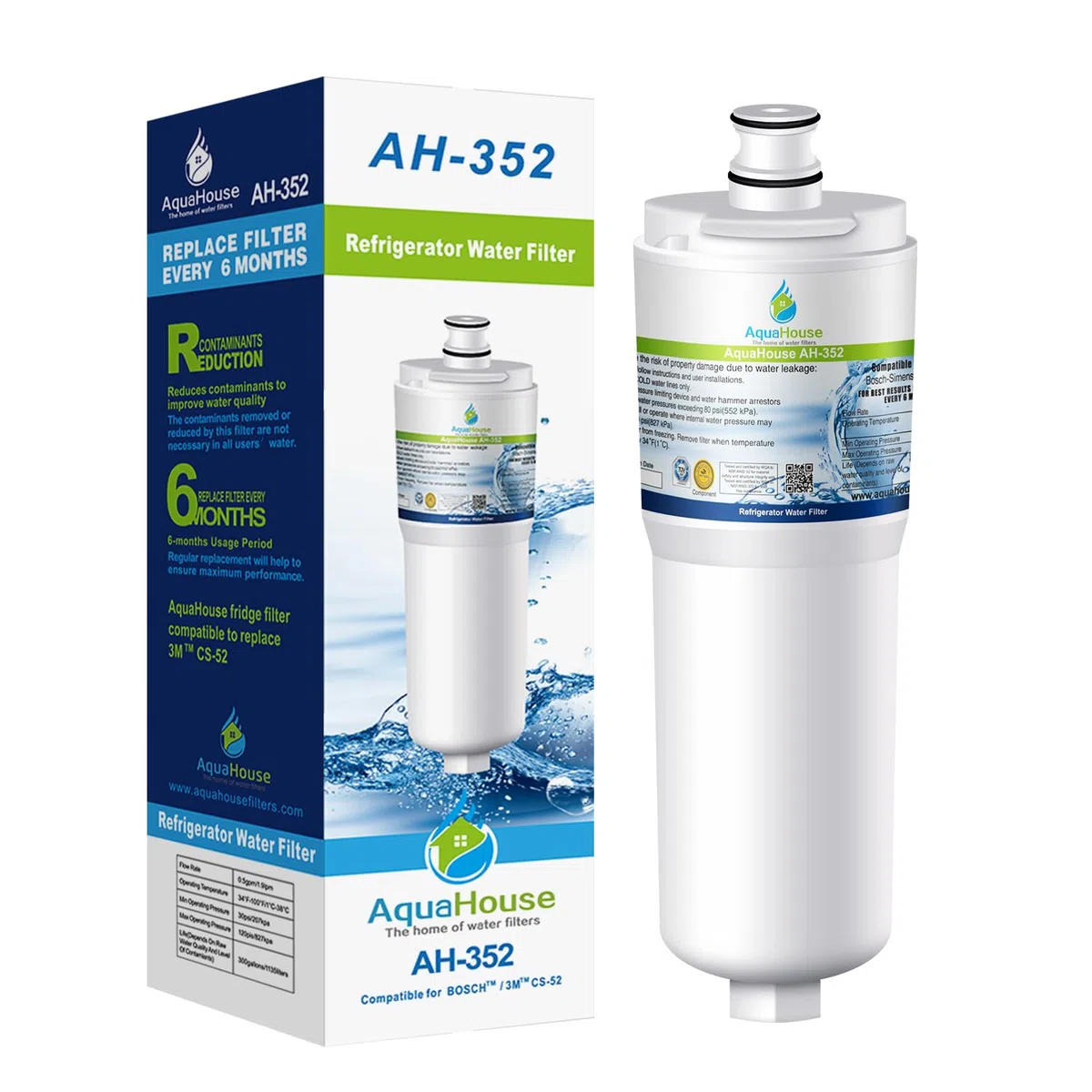 AquaHouse AH-352 filtro de agua compatibles para Bosch/Neff/Siemens nevera 3M CS-52, CS-452, CS-51, 640565, 5586605