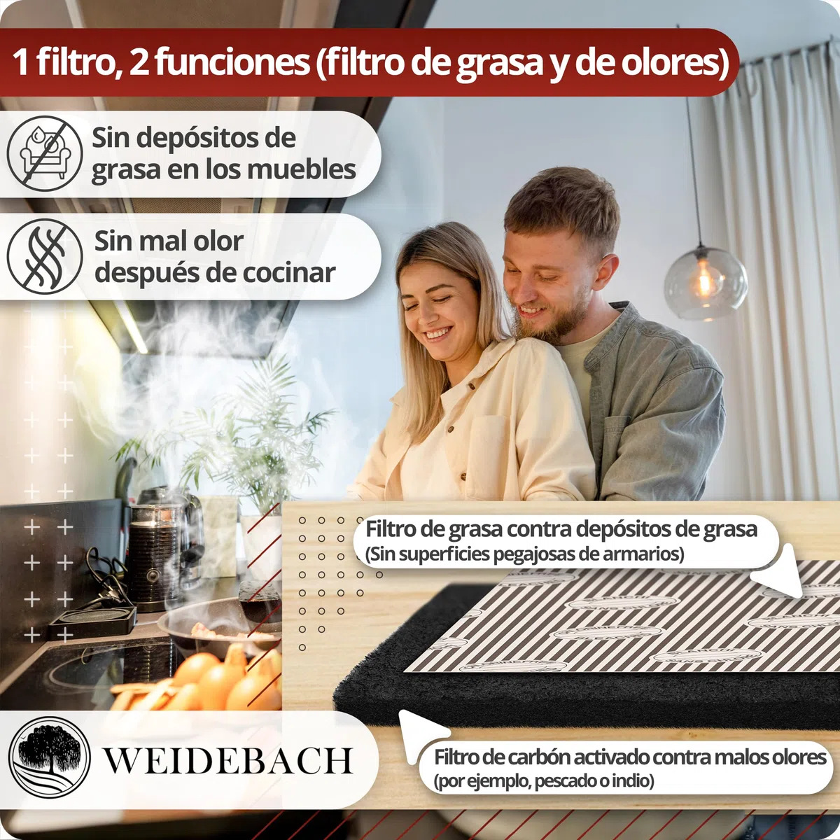 WEIDEBACH® 2x Juego de filtros 2 en 1 para campanas extractoras con CARBÓN ACTIVO y FILTRO DE GRASA, 57x47 cm [recortables] – solo 1,2 cm de grosor –, filtros para campanas extractoras, filtro