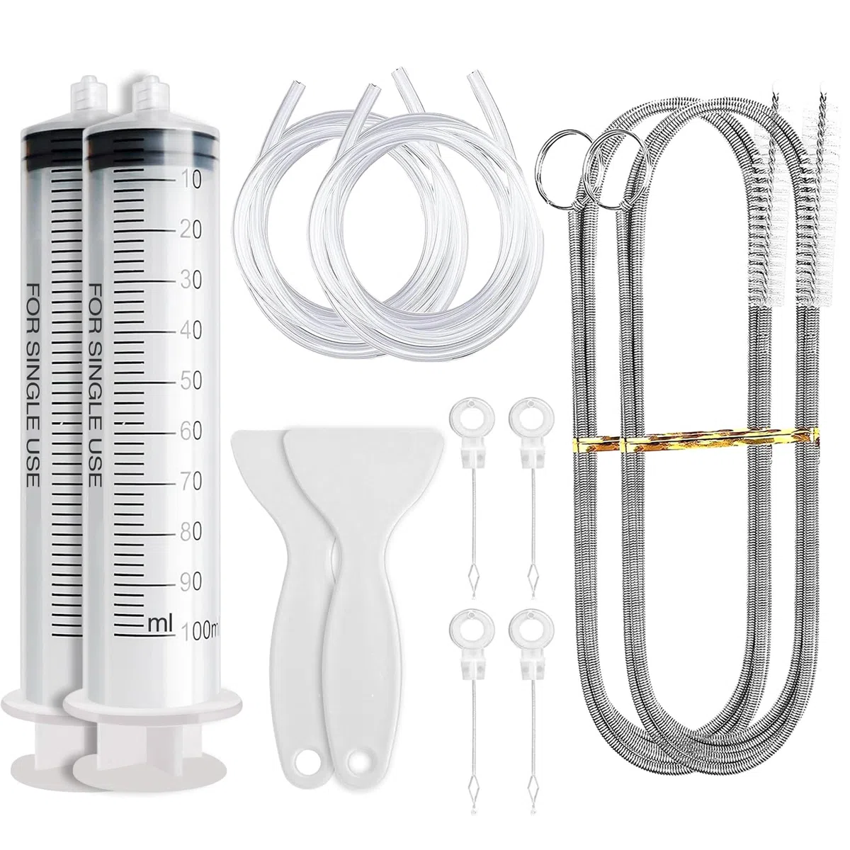 12 Piezas Kit de Limpieza de Refrigerador, Herramientas de Limpieza Frigorífico con Jeringa, Cepillo Limpieza, Manguera, Pala de Descongelación, 4 Tapones para Orificios de Drenaje de Nevera