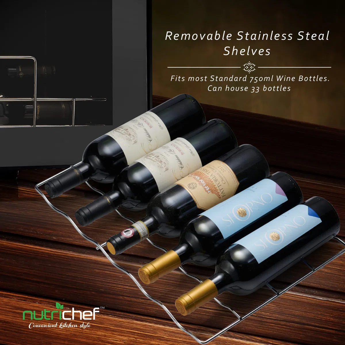 NutriChef PKCWCDS335 - Sistema de refrigeración para nevera, gran nevera para bodega de vino no empotrado para champaña rojo y blanco o espumoso, puerta de vidrio, 33 botellas, doble zona-negro
