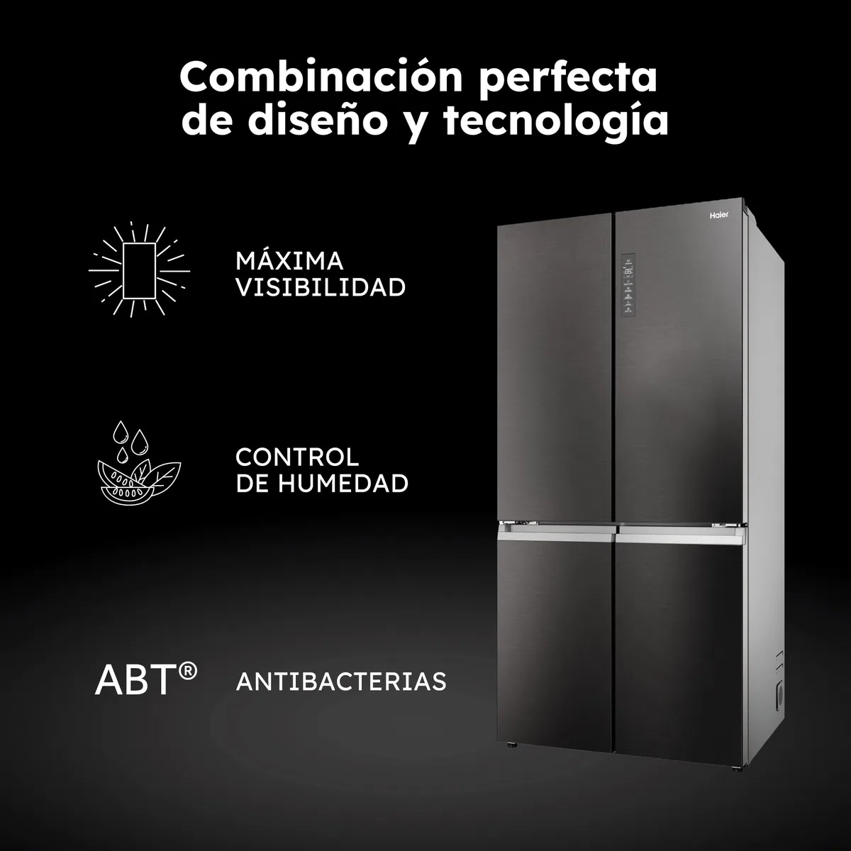 Haier Cube 90 Series 7 HCR79F19CNMD - Frigorífico 4 Puertas, Congelador 2 Zonas, Motor Inverter, Air Surround, Cajón Humidity Zone, Total No Frost, An 90,5cm, Capacidad 642L, Daylight, 37dB, Dark Inox