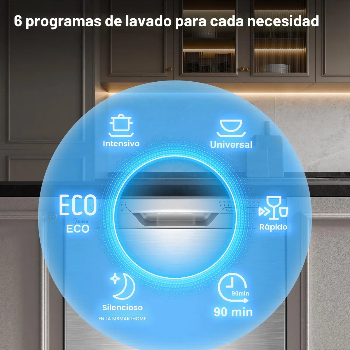 Midea SF 3.60N PRO Lavavajillas, 14 servicios, wifi, lavavajillas de instalación libre, empotrable, 5 modos de limpieza, 47 dB, inicio diferido 3/6/9 h, acero inoxidable, plata