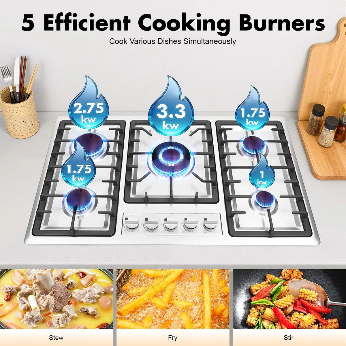 Cocina de gas de 5 fuegos, acero inoxidable con protección automática de llama, gas natural y gas propano, 86 cm empotrable o independiente, 10550 W