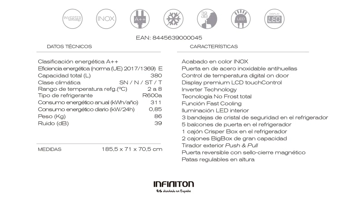 INFINITON CL-70H - Frigorífico 1 puerta, 380 Litros, Inverter, No Frost, Display en la puerta con control de temperatura, Clase A++/E (CL-70H | Inox)